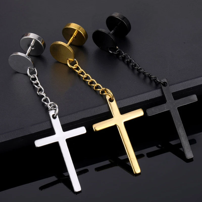 1 Pairs Punk Gothic Stainless Steel Stud Earring Cross Round Fake Ear Taper Dumbbell Fashion Women Men Rock Jewelry