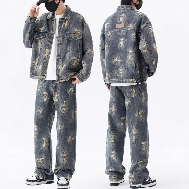 

Autumn Winter Men's Denim Jacket Set Casual Loose Long Pants Fashionable Retro High-End Feeling Embroidered American Brand