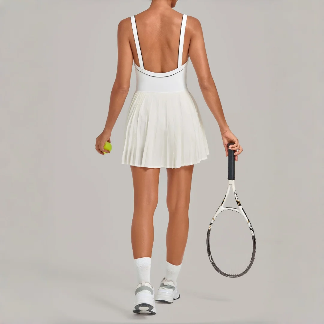 Tennis Dress Sports Fitness Backless Anti-light Pocket Pleated Golf Tennis Badminton One-piece Running Workout Gym Yoga Dress
