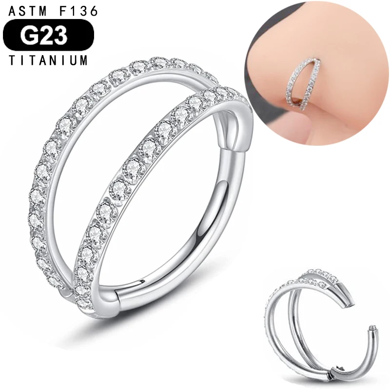 

Nose Rings Hoops F136 Titanium Double Hoop Nose Rings 16G Hinged CZ Conch Piercing Jewelry Septum Lip Rings Cartilage Earring