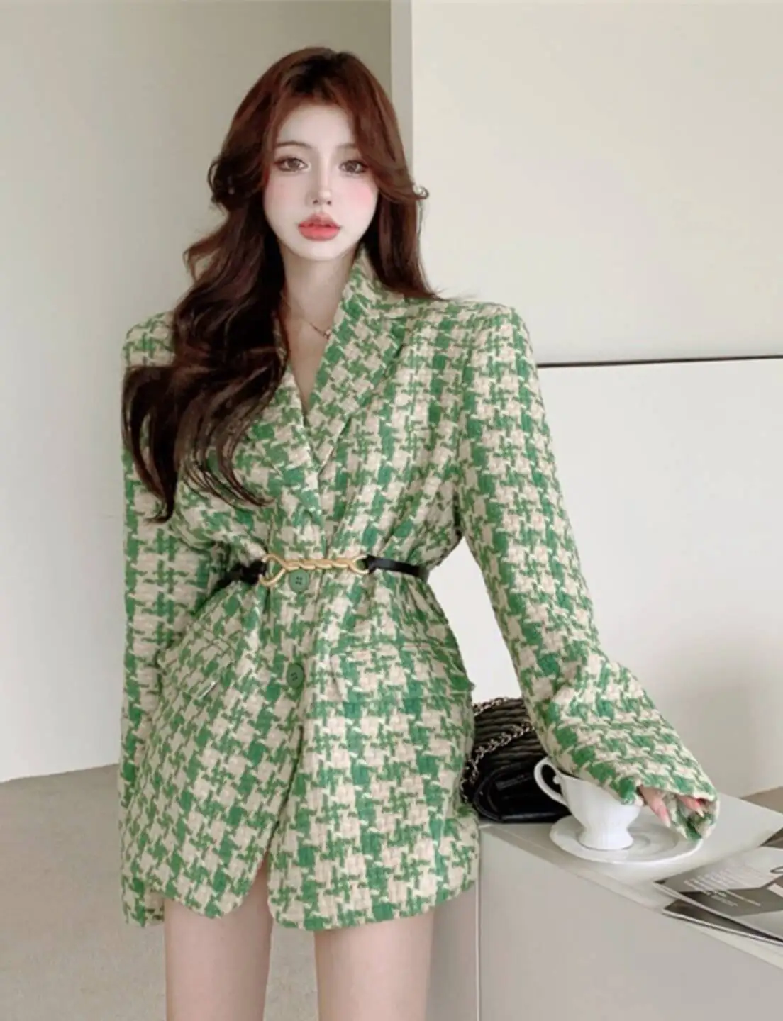 

Wool Blend Coats Womens Woolen Coat Print Fall Velvet Sashed Notched Collar Elegant Mature French Style Office Lady Conference