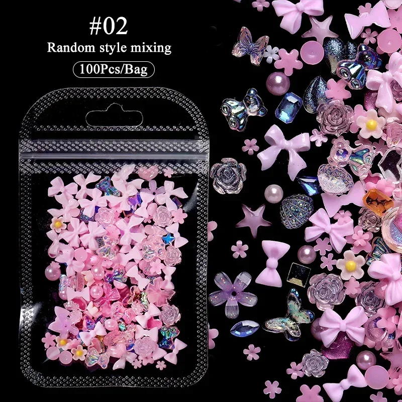 100 Stück perlrosa Bowknot herzförmige Nagel anhänger für Kunst Flatback 3d Blumen perlen DIY Nagel dekorationen Bulk-Zubehör