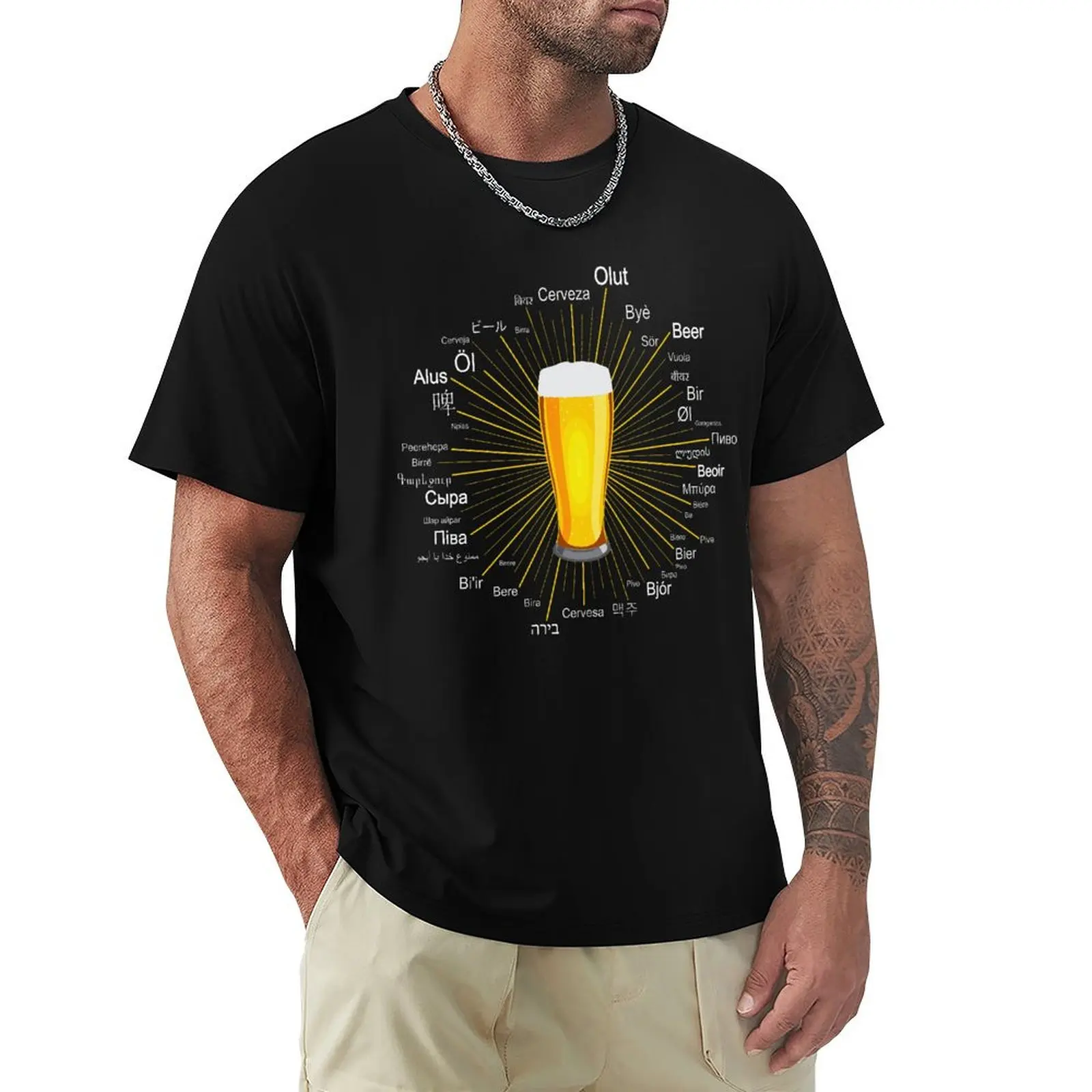 Word Beer In 45 Different Languages Different Style Men\'s O Neck Top T-shirts Simple Design Cotton Tops T Shirt