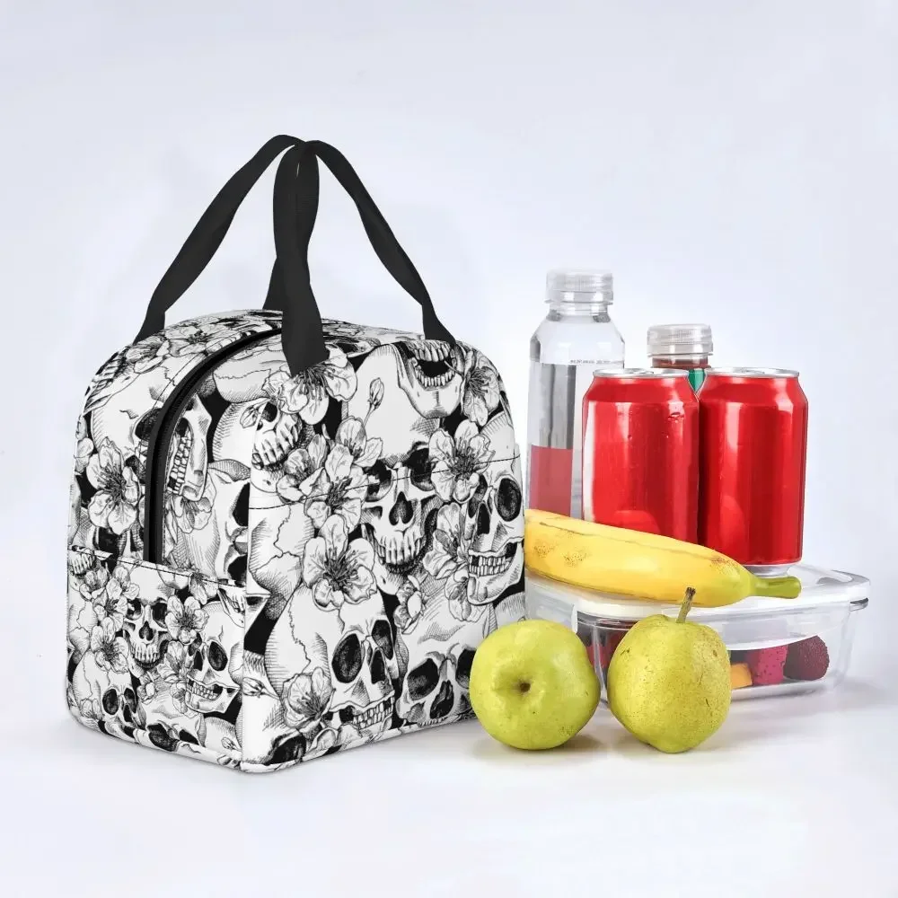 Lunch Bags for Women Kids Skull Flowers Gothic Insulated Cooler Portable Picnic Canvas Lunch Box Food Storage Bags