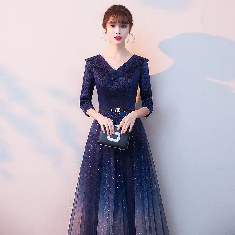 Evening Dress Navy Blue Satin Bling Tulle V-Neck 3/4 Sleeves Zipper Back A-Line Floor Length Women Party Formal Gown Plus size