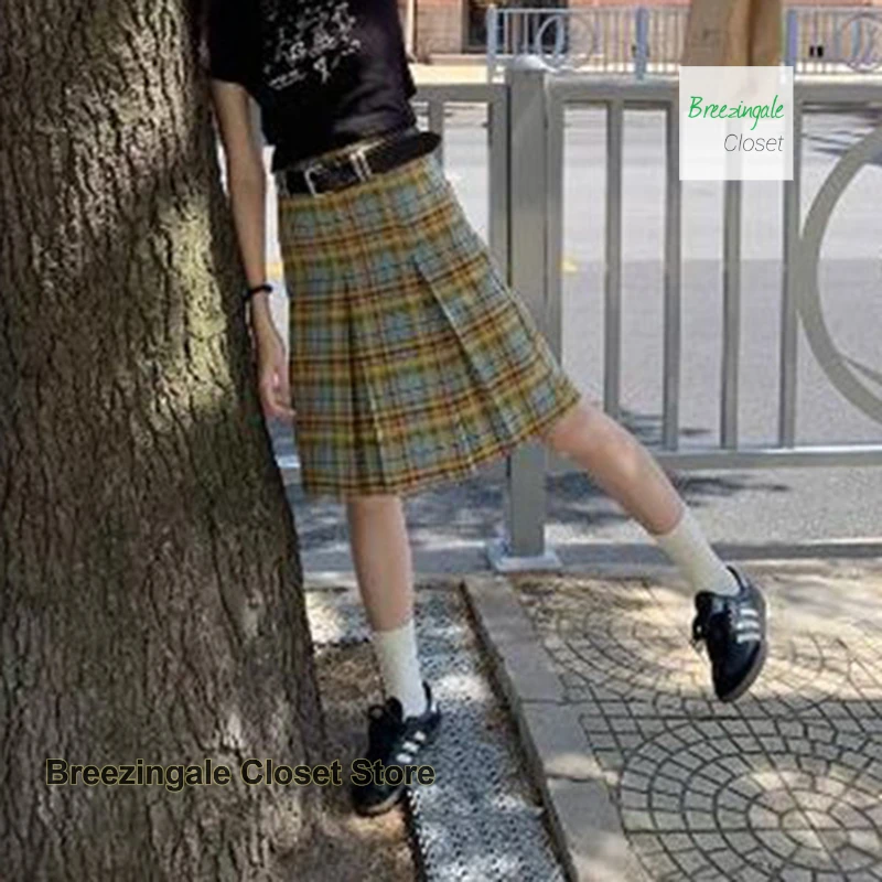 Korean blue and yellow plaid A-word skirt women's spring and autumn skirt sweet retro fashion temperament high waist slim skirt