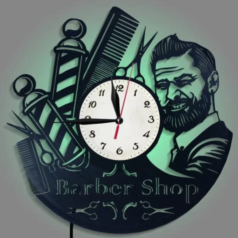 Barber Fashion Art Wall Clock Remote Control LED Night Light Home Decoration Barber Shop Creative Gift Decoration Clock