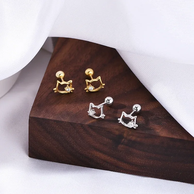 925 Sterling Silver Cat Animal Stud Earrings for Girls Cute Hollow Zircon Mini Korean Screw Earring Lady Student Jewelry Gift