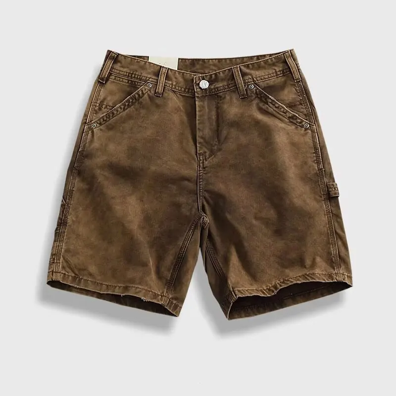 Vintage American Style 100% Cotton Shorts Men Heavy Industry Distress Washed Cargo Shorts Summer Streetwear Casual Mid Pants