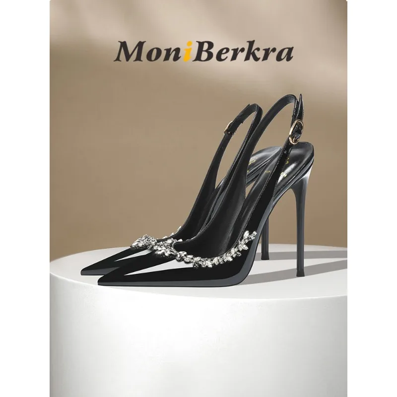 

Summer new rhinestone high-heeled shoes for women, slim heels, sexy patent leather, black straight strap, stunning toe sandals