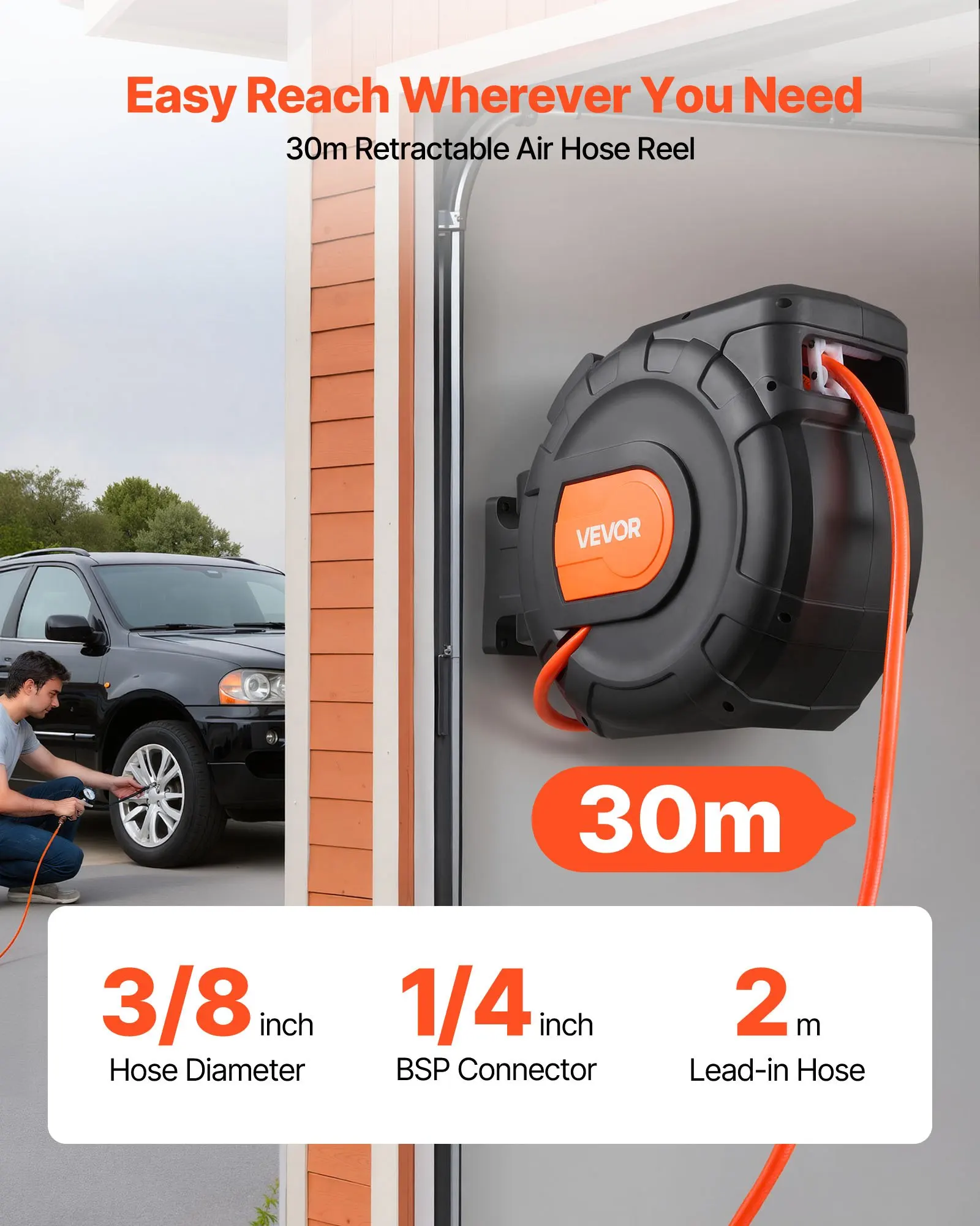 Enrouleur de tuyau d'air rétractable, tuyau d'air en PVC de 30 m x 9,5 mm, pression maximale de 300 PSI, enrouleur de tuyaux de compresseur d'air avec enroulement automatique et câble de 2 m, 180° °   Support mural pivotant pour garages et ateliers