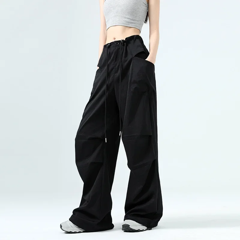 

Work Pants Women's American High Waisted Sports Style Spring and Autumn New Pocket Design Casual Wide Leg Pants Female Clothing
