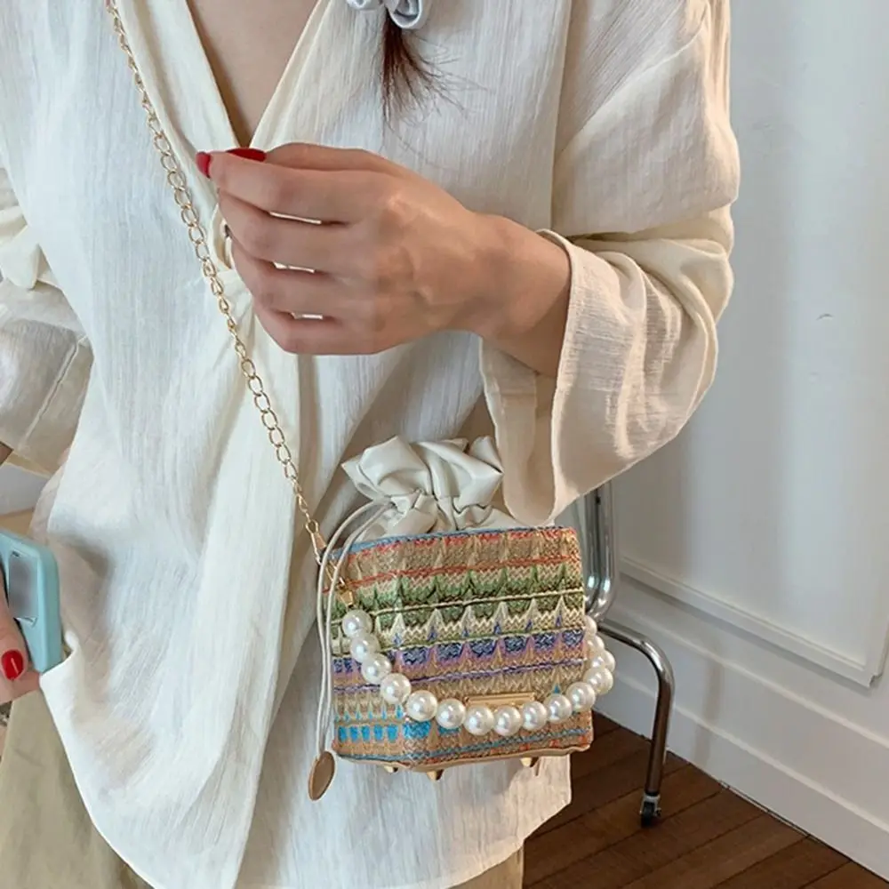 

Bohemian Straw Shoulder Bag Elegant Square Drawstring Bucket Bag INS Lightweight Women's Crossbody Bag Outdoor Travel