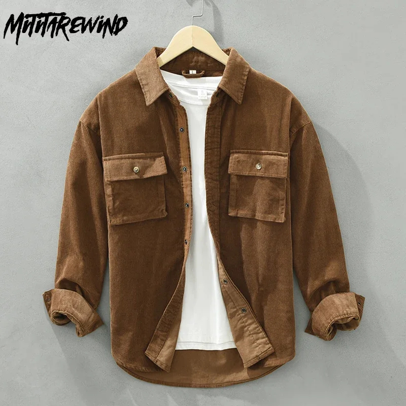 Japanese Retro Cargo Shirt Men Autumn Casual Shirts Lapel Double Pockets Long Sleeve Corduroy Coffee Shirt Man Pure Cotton Tops