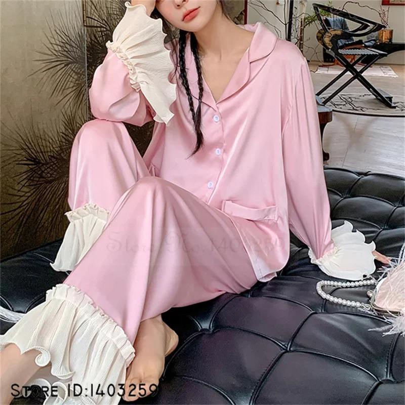 Spring Autumn Long Sleeve Horn Cuffs Trouser Pijamas Suit Women's Pajamas Sleepwear Loose Casual Pink Satin Homewear Loungewear