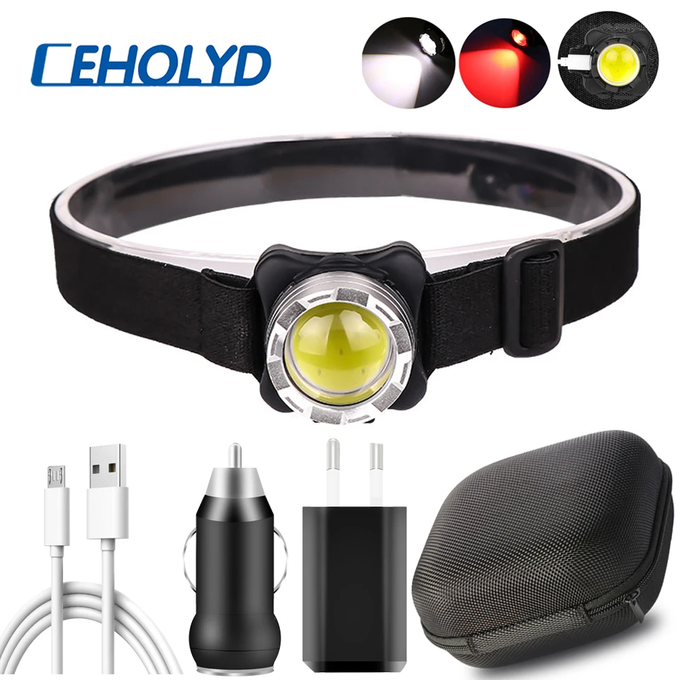 Built-in Battery COB LED Head Light Powerful USB Rechargeable Headlight with White Red Waterproof Lamp For Fishing Headlamp