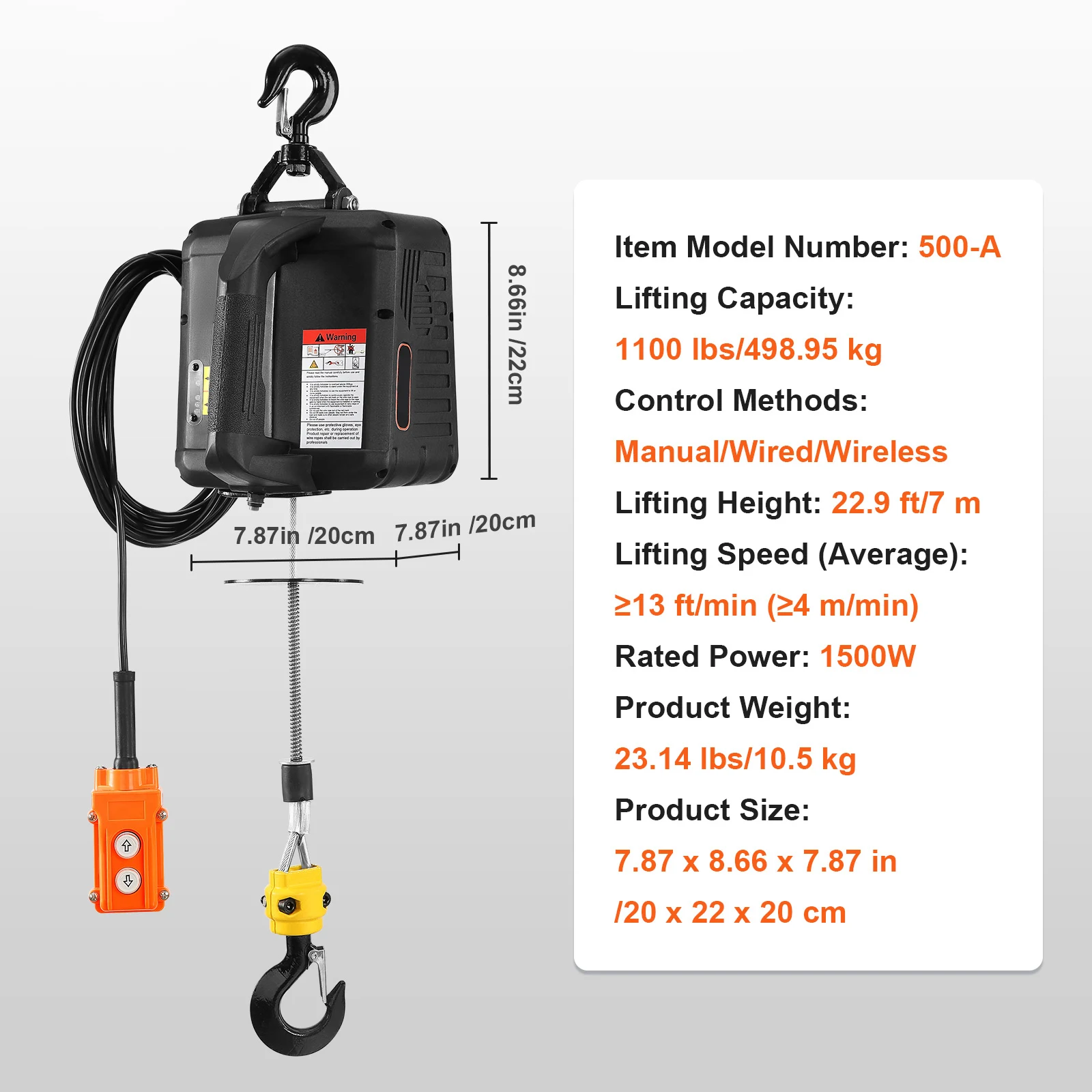 SucceBuy 1100lbs 1500W elektrische takellier Draagbare krachtlierkraan met draadloze afstandsbediening voor bescherming tegen overbelasting
