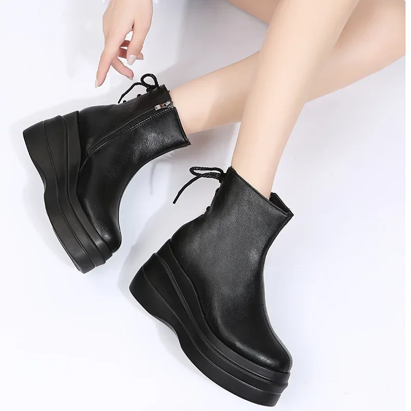 Autumn New Women Shoes Woman Platform Boots Fashion Round Toe Ankle Boots 2022 Winter Side Zipper Wedge Comfortable Botas Mujer