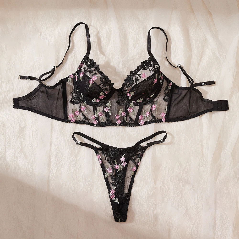 Women Black Mesh Lingerie Set Floral Embroidery Fishbone Bustier Top&Thong 2 Pcs Underwear Sexy Intimate Female Push Up Bra Set