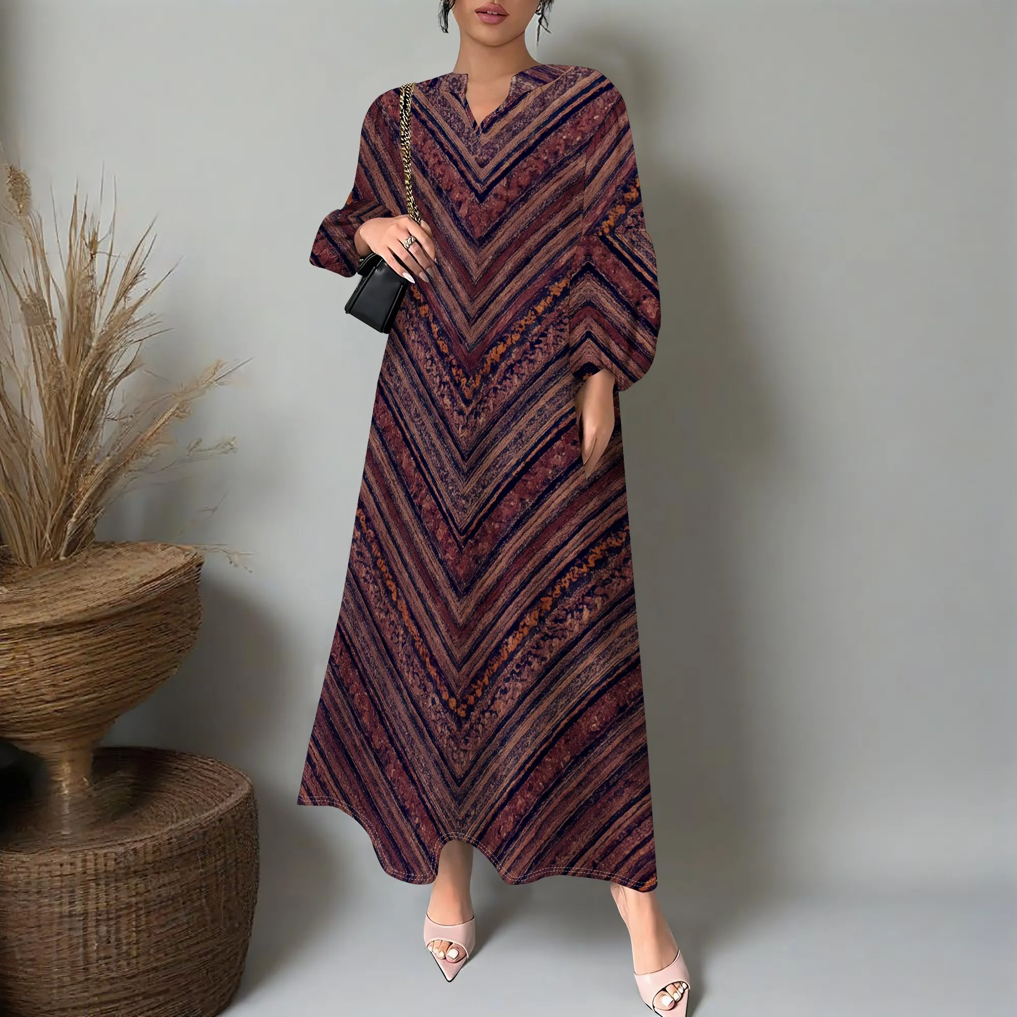 

Women's V Neck Maxi Dress XS-3XL Long Sleeve Loose Fit V Stripe Print Elegant Casual Fall Spring Party Vacation Outfit