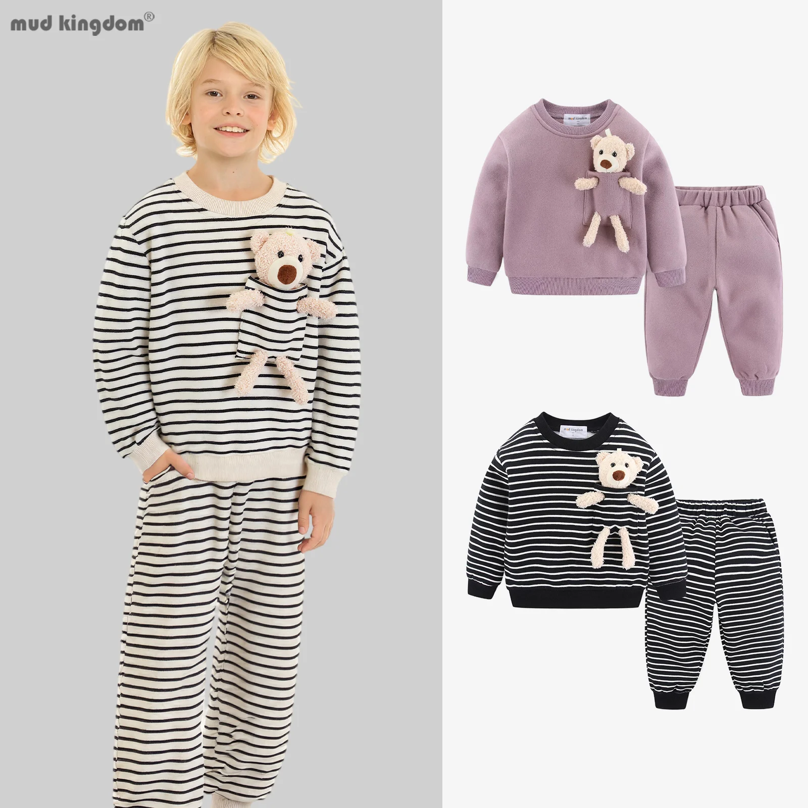 

Комплект детской одежды Mudkingdom, плюшевая полосатая флисовая толстовка с плюшевым мишкой, длинные штаны, одежда из двух предметов для малышей для мальчиков и девочек