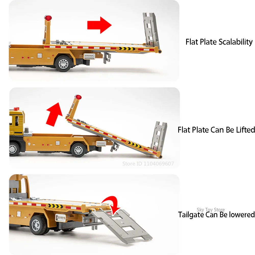 Remolque de cama plana de aleación Diecast 1:32, camión de rescate por carretera, modelo de juguetes, coche en miniatura, sonido, luz, puertas traseras, vehículo abierto, regalo para niños