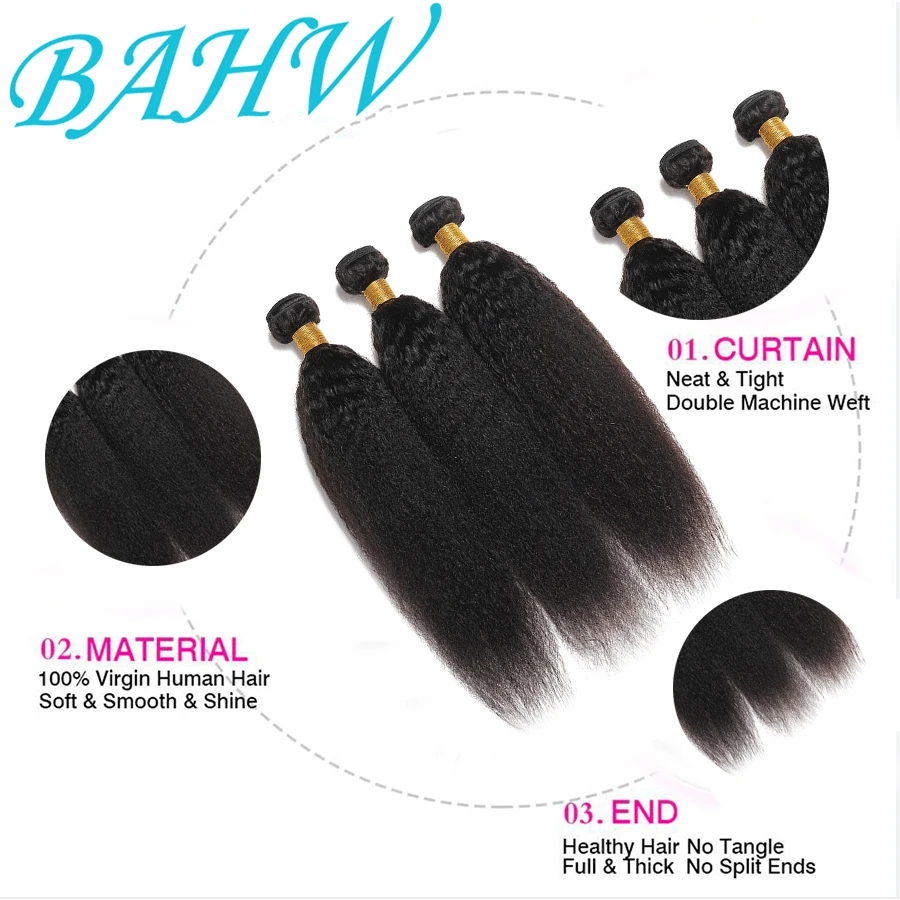 Pacotes brasileiros Kinky Straight Hair para mulheres, extensões de cabelo humano, Yaki Straight, 100% Virgin, Cor natural, 1 PC, 2 PCs, 3 PCs, 12A