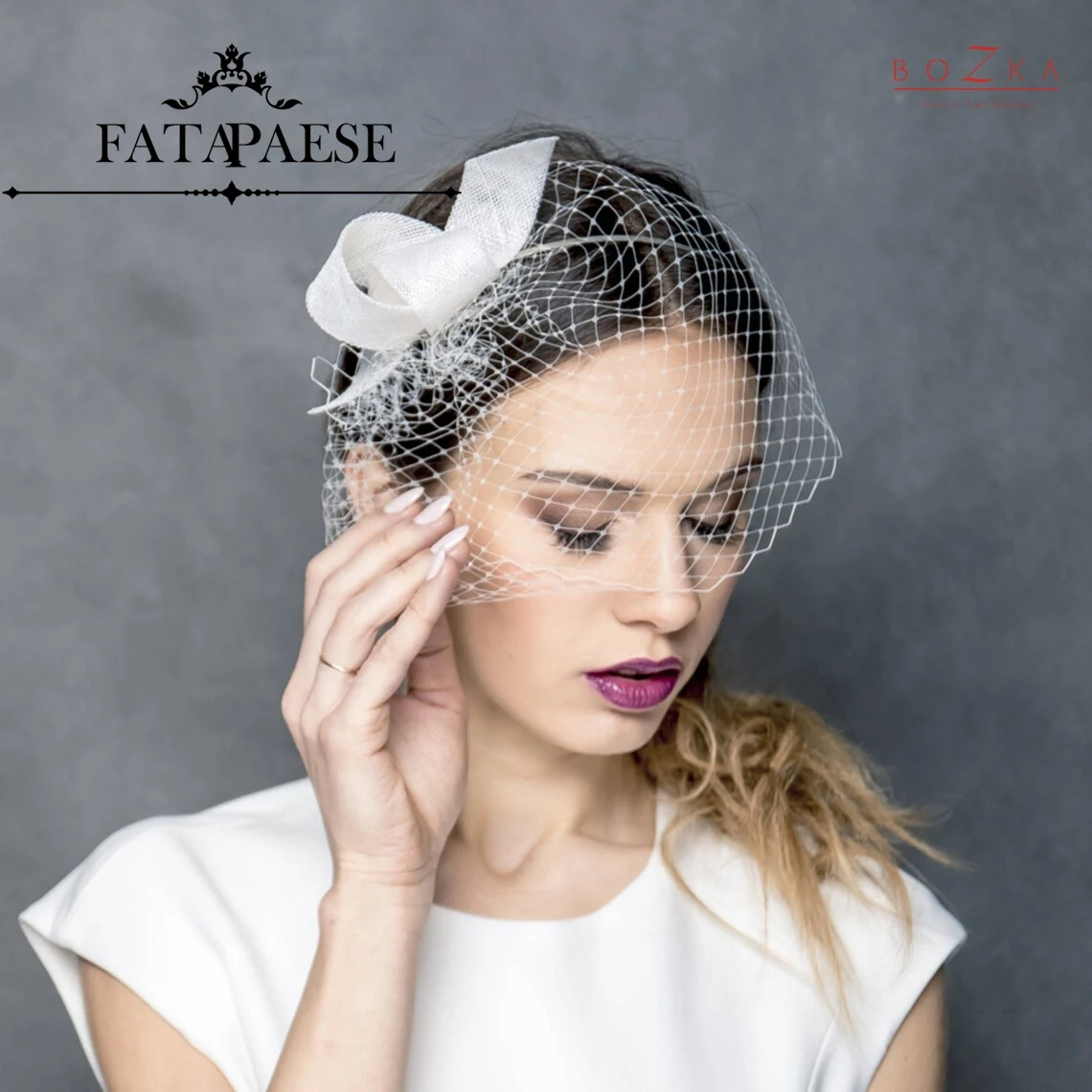 FATAPAESE Modern Curly Wedding Fascinator with Small Bow and Delicate Vveiling Sinamay White Hat Headdress Bridal Headpiece