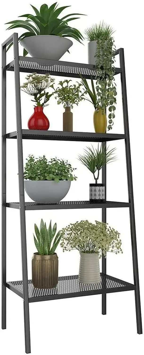 

4-Tier Black Metal Ladder Shelf, Industrial Plant Stand & Storage Rack for Living Room, Bedroom, Office