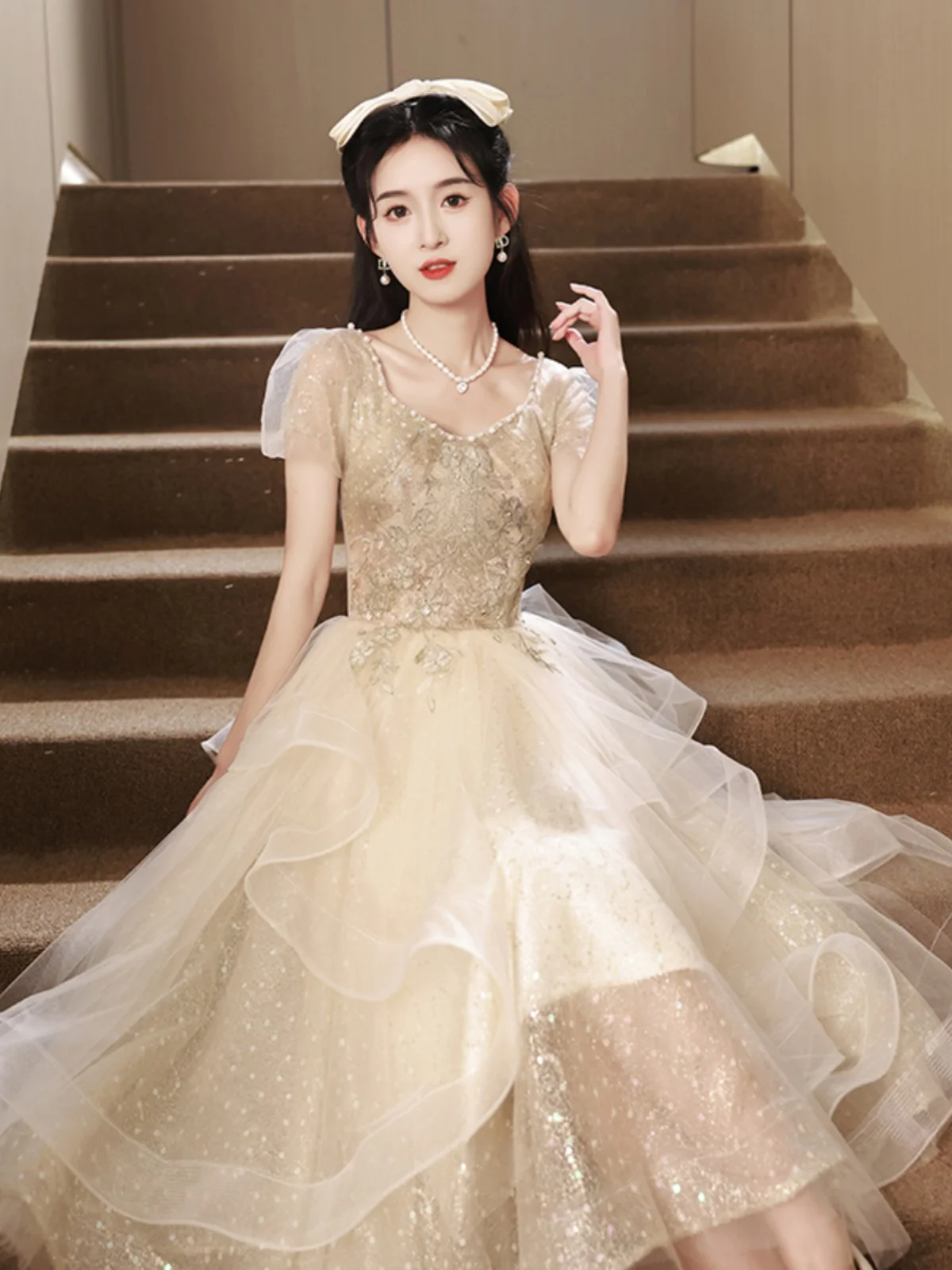 

Ele Evening Gown Women's 2025 New Banquet Small Size Art Exam Host Adult Ceremony Luxury Winter Princ Sle Ball Gown