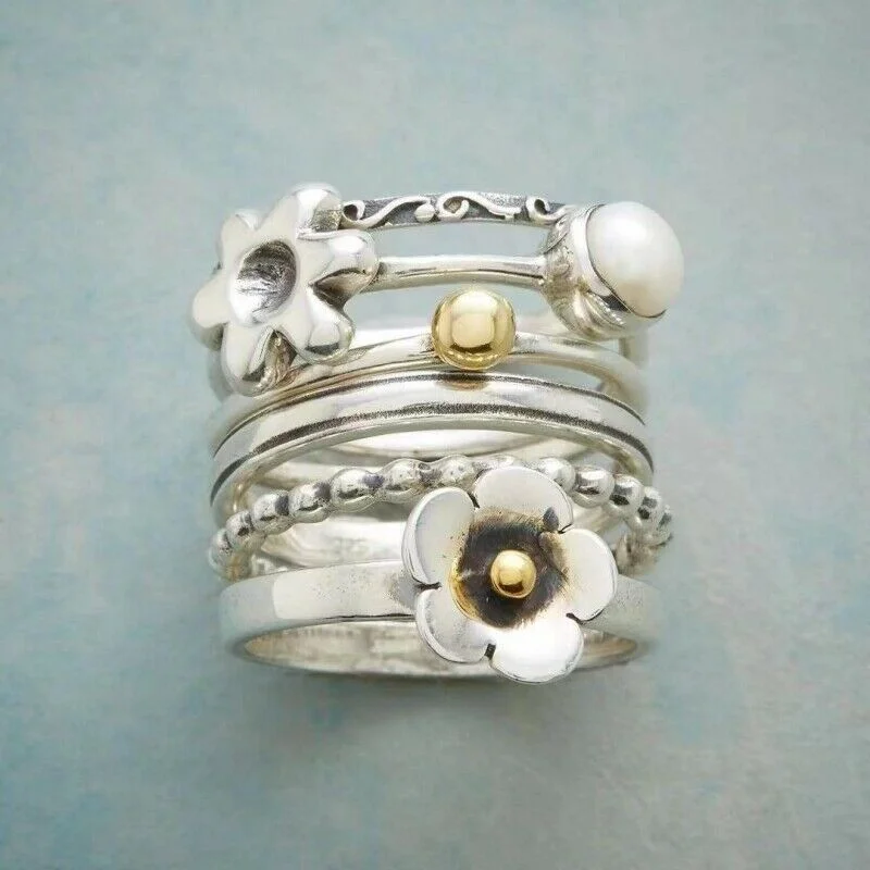 6 teile/satz Vintage Silber Farbe Boho Ringe für Frauen Geschnitzte Blume Intarsien Multilayer