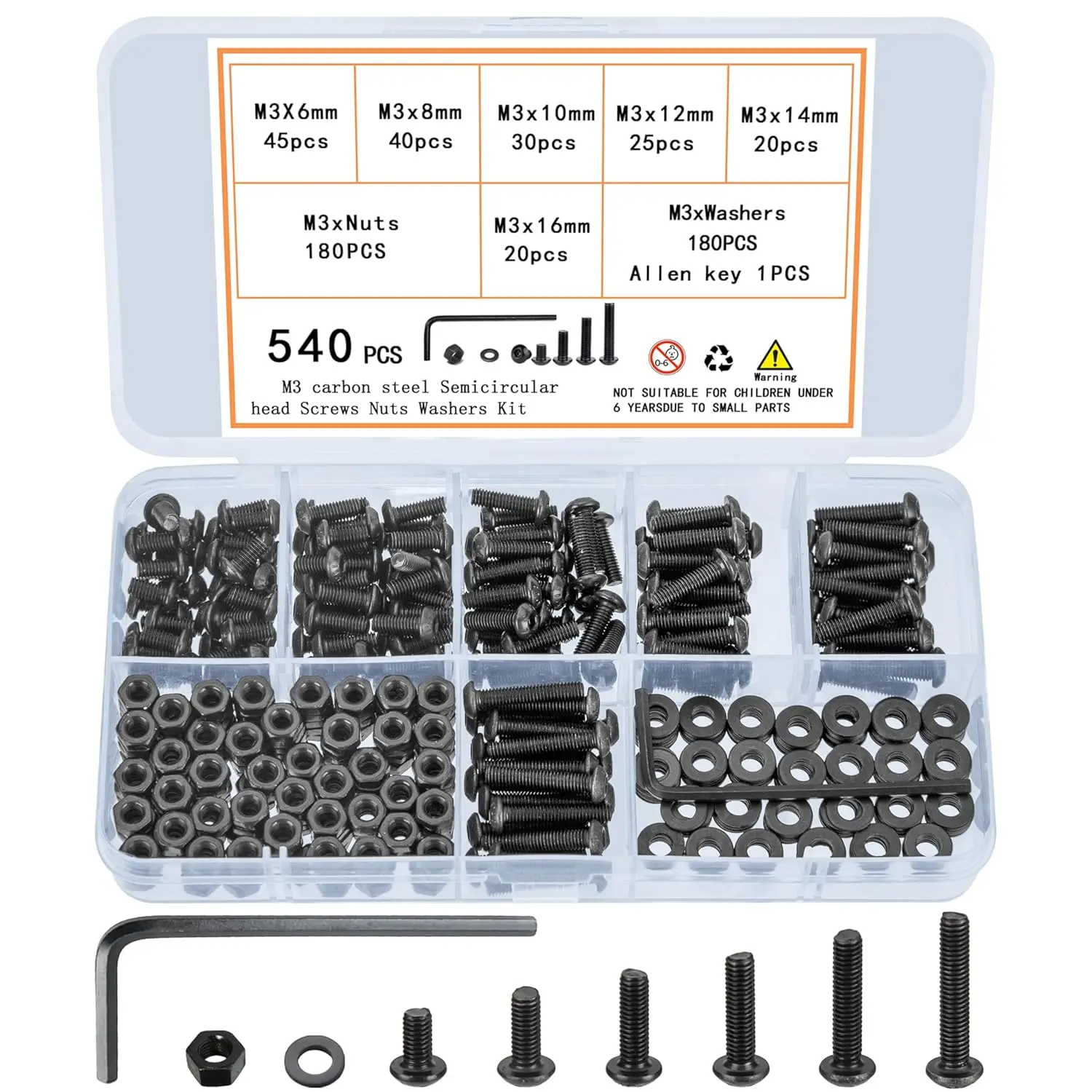 540Pcs M3 Screw Assortment, Hex Socket Button Head Cap Screws, Nuts & Washers Set, 10.9 Carbon Steel, Metric Machine Screws