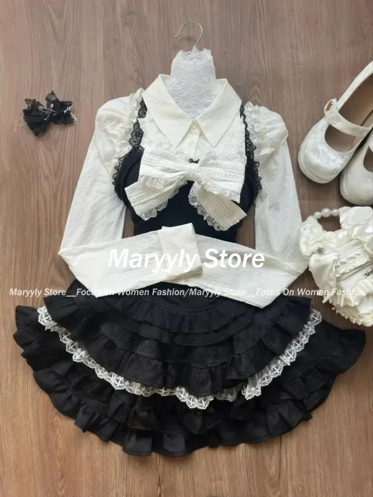 Jesienne koreańskie słodkie stroje w stylu preppy Kobiety Casual Bow Polo Shirt Tops + Slim Camisole + Cute Mini Cake Skirt 3-częściowy zestaw Nowy