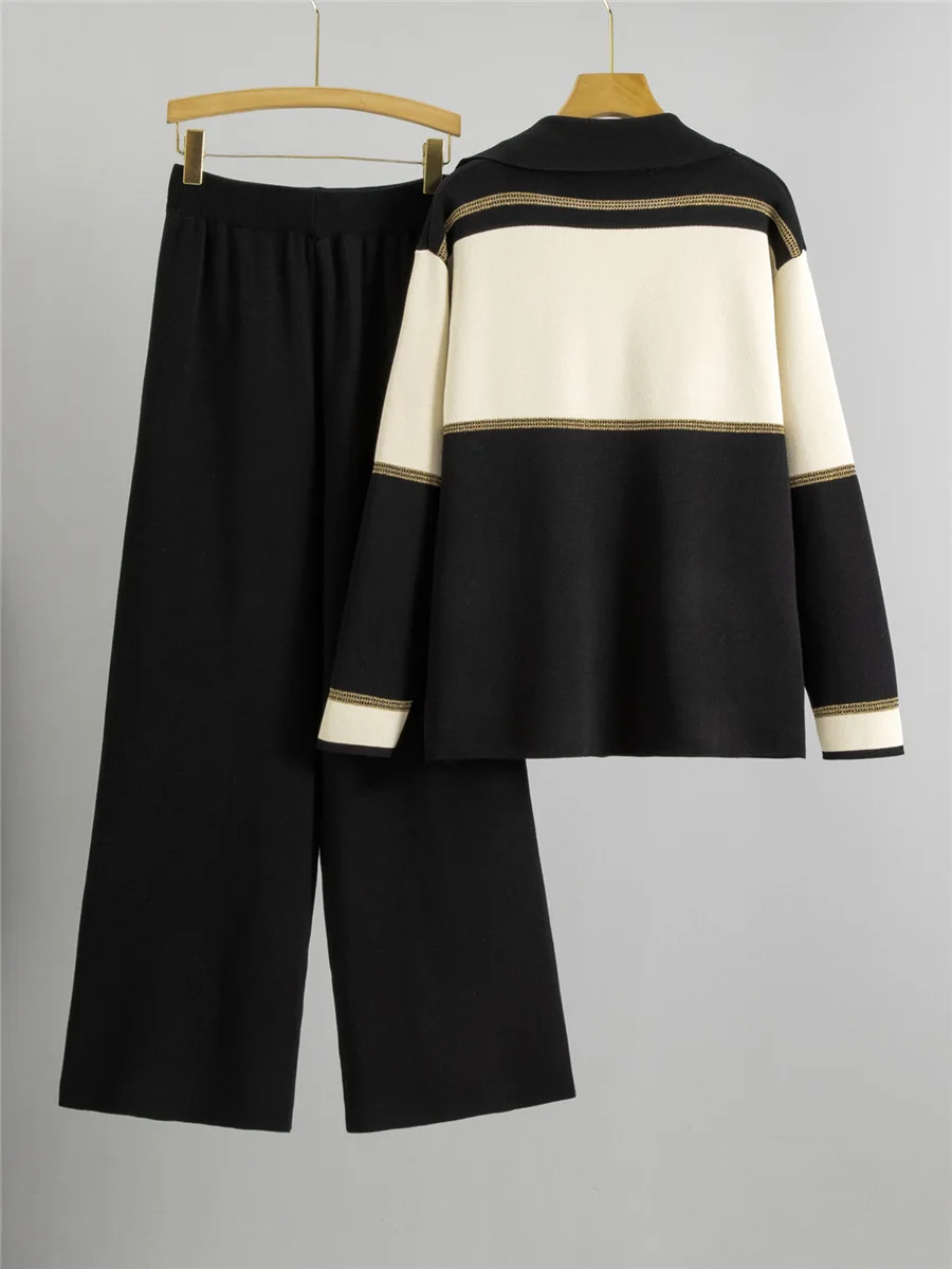 Korean Design Knitted 2 Piece Sets Women Lapel Neck Double Breasted Knitwears Sweater Cardigan Conjuntos High Waist Pants Outfit