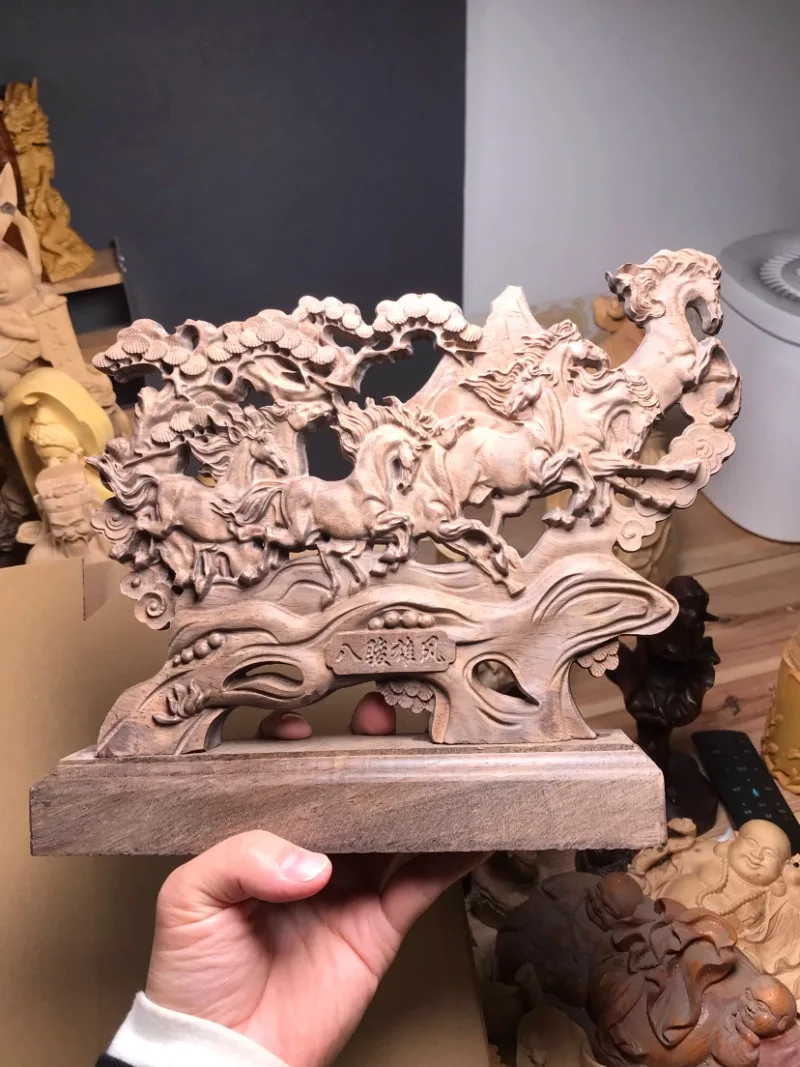 Hand Carved Wooden Eight Galloping Horses Statue Sculpture - Ma Dao Cheng Gong Success Ornament Home Office Desk Decor Gift