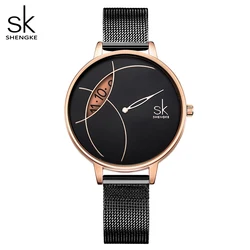 Shengke Women Fashion Watch Creative Lady Casual Watches Stainless Steel Mesh Band Stylish Desgin Silver Quartz Watch for Female