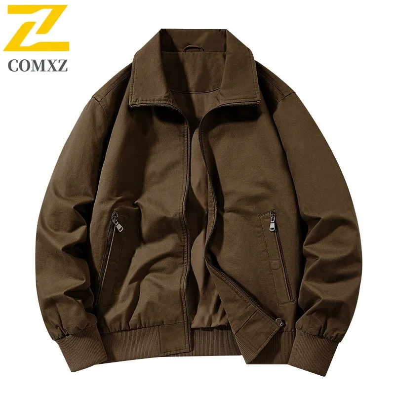 COMXZ Spring Autumn Lapel Washed Jacket American style Men Outdoor Multi Pocket Workwear Top Loose Fit Big Size Casual Coat 2025