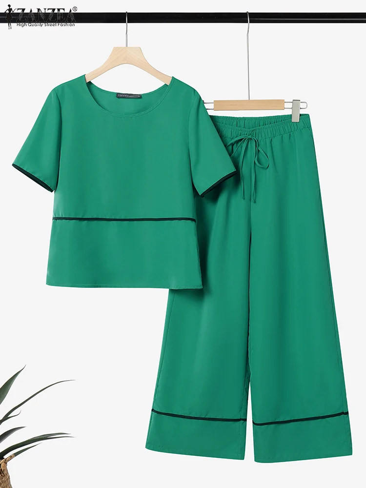ZANZEA 복장 와이드 레그 팬츠 2pcs 정장 반팔 티셔츠 여성 우아한 캐주얼 바지 세트 Contrast-Piping 2 Piece Sets
