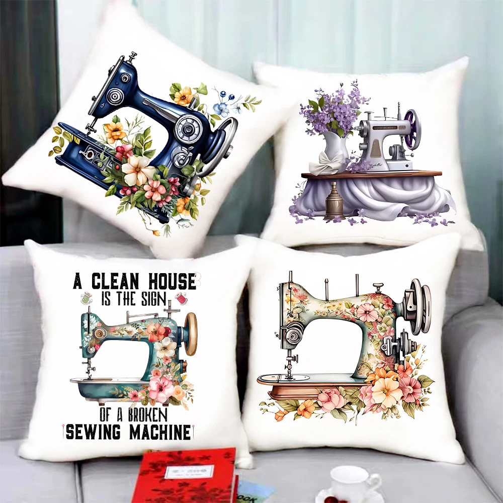 Sewing Machine Flower Print Pillowcase Cushion Cover Home Decorative Pillow Cases Decor Sofa Living Bedroom Throw Pillows Cover