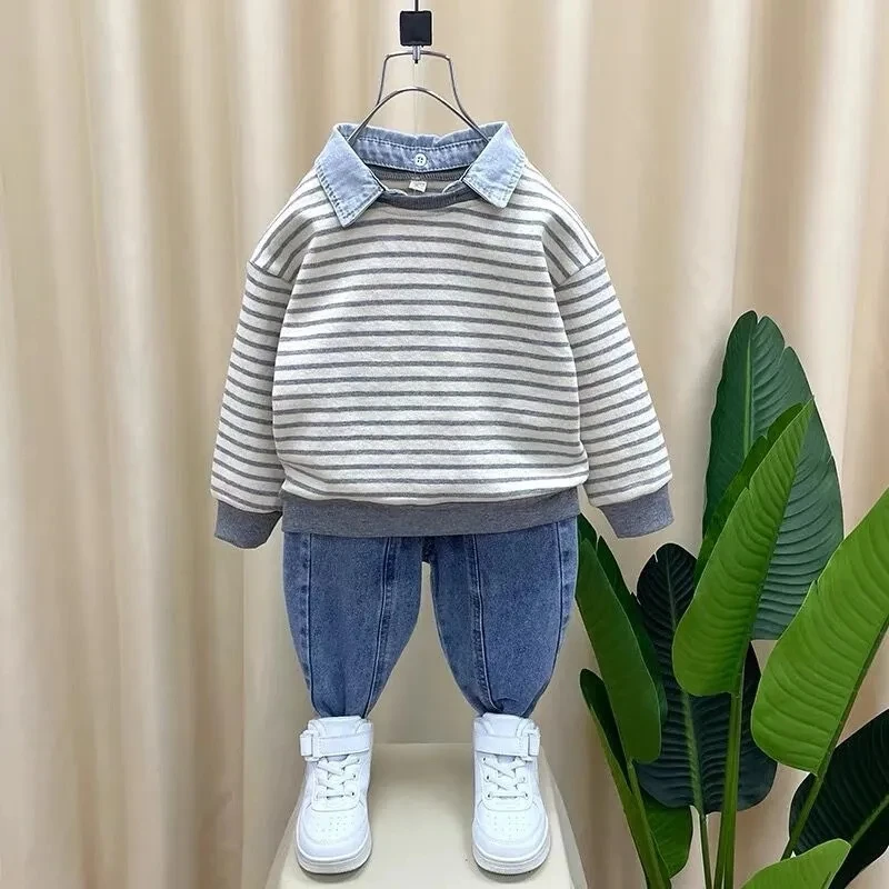 

Children's Clothing Spring and Autumn Boys' Striped Polo Neck Sweater Jeans 2 Piece Set Baby Long Sleeve Set Fashionable