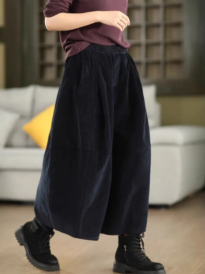 Retro-Hose aus Vollbaumwoll-Cord mit weitem Bein für Damen, elastische Taille, schlankmachende Streifen, Samt, künstlerische, vielseitige Stiefelhose