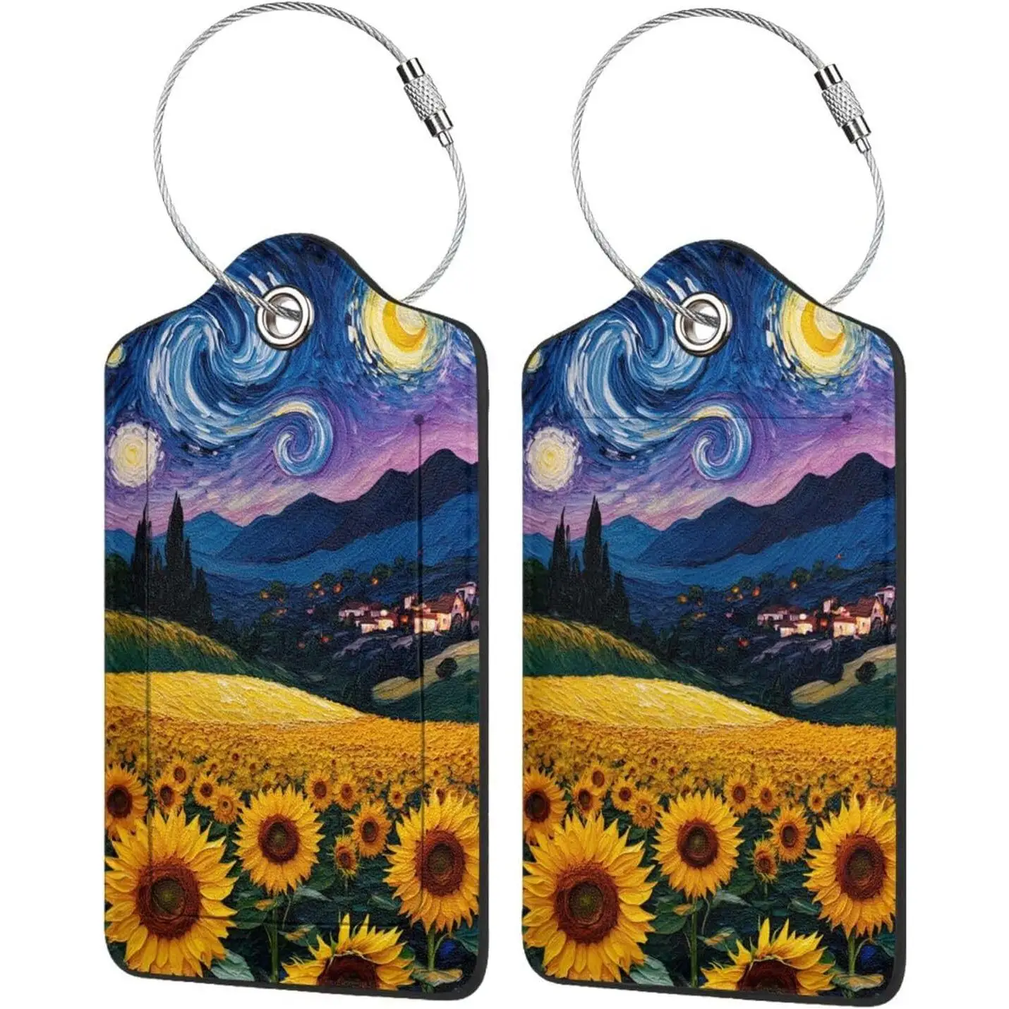 

Комплект из двух багажных бирок для чемоданов, бирка для сумок из искусственной кожи с крышкой конфиденциальности, адресная карта, предметы первой необходимости для путешествий - звездное небо, подсолнух