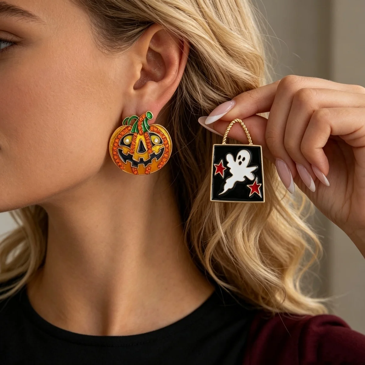 Halloween-Ohrringe mit Strass, Kürbis, Stern, Geist, asymmetrische Ohrstecker für Damen und Herren, Gothic-Mode, Kürbis-Ohrringe, Cosplay-Schmuck – Detail 5