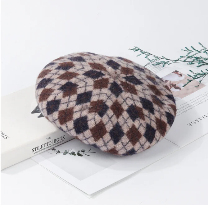 New autumn winter wool checked beret vintage versatile pumpkin hat casual warm hat octagonal hat