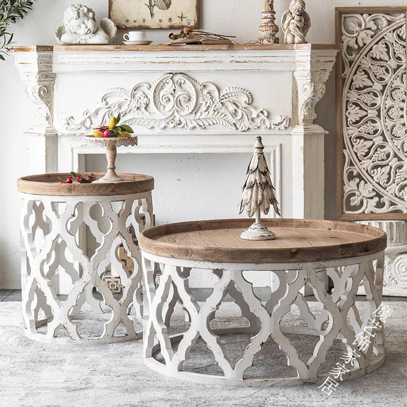 

American retro hollow solid wood coffee table wholesale B & B living room white simple log small round table