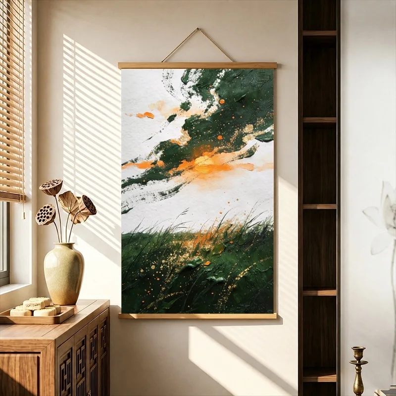 Wall Decorations Green and Orange Wind across Abstract Fields, Pearlescent Canvas Hanging Scroll for Creative Studio Wall Decor