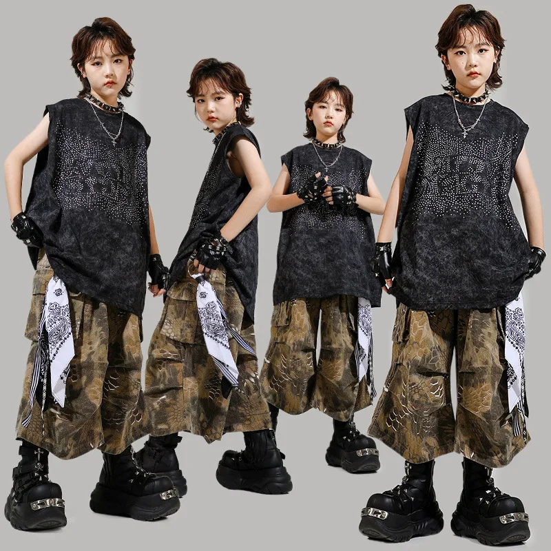

Kid Kpop Hip Hop Clothing Stoned Tank Top Snake Print Parachute Cargo Shorts Middle Pants for Girls Boys Dance Costumes Clothes