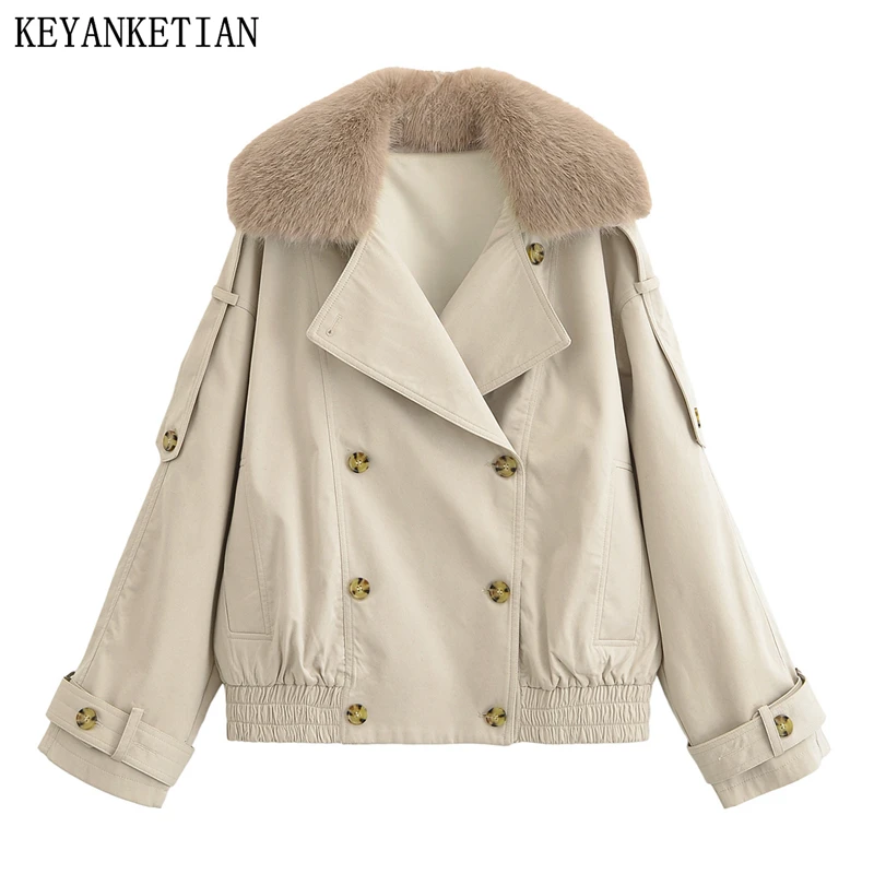 

KEYANKETIAN Autumn New Women's Clothing Detachable Fur Collar Double Row Buckle Workwear Short Windbreaker Jacket Women Coat