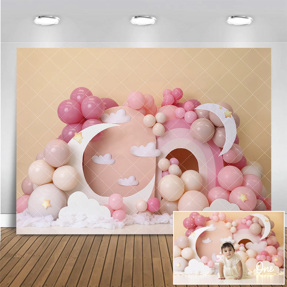 

Dreamy Pink Balloon Photography Backdrop Moon Star Photoshoot Princess Girl Birthday Cake Smash Background Photo Studio Props