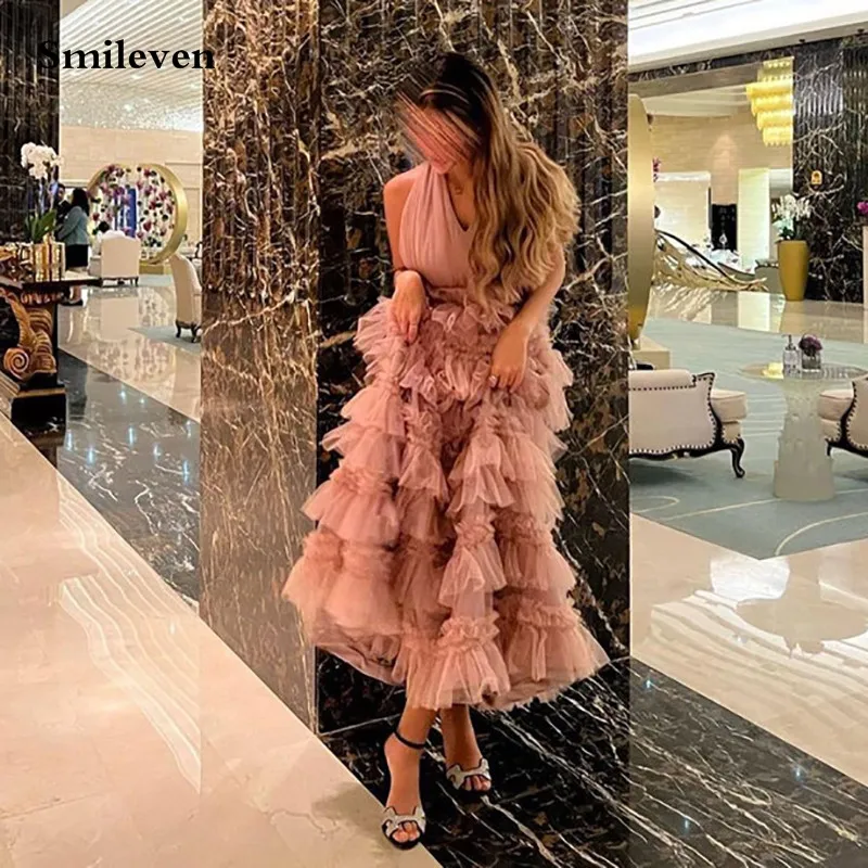 

Smileven Sleeveless Dirty Pink A Line Prom Dresses Tulle Ruffles Tiered V Neck Evening Dress Floor Length Evening Party Gowns